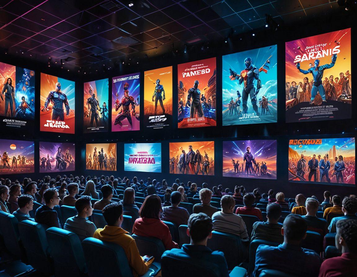 A futuristic cinema setting featuring a digital screen displaying vibrant movie posters, surrounded by people of diverse backgrounds engaging with tablets and smartphones, highlighting video on demand and film downloads. Emphasize a colorful digital interface with film reels and download icons subtly integrated into the design. Bright, engaging colors that evoke excitement about the future of film. super-realistic. vibrant colors. 3D.