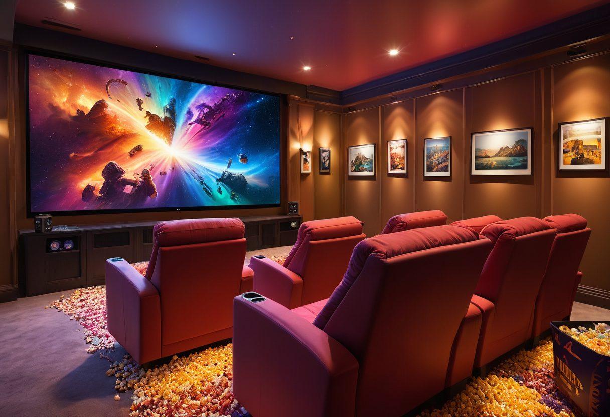 A cinematic scene featuring a cozy home theater with a large screen displaying colorful film reels, surrounded by popcorn buckets, plush chairs, and streaming icons. The atmosphere is warm and inviting, suggesting a perfect movie night, with hints of digital devices depicting free streaming services. Include a galaxy of film genres in the background. vibrant colors. super-realistic. cozy atmosphere.