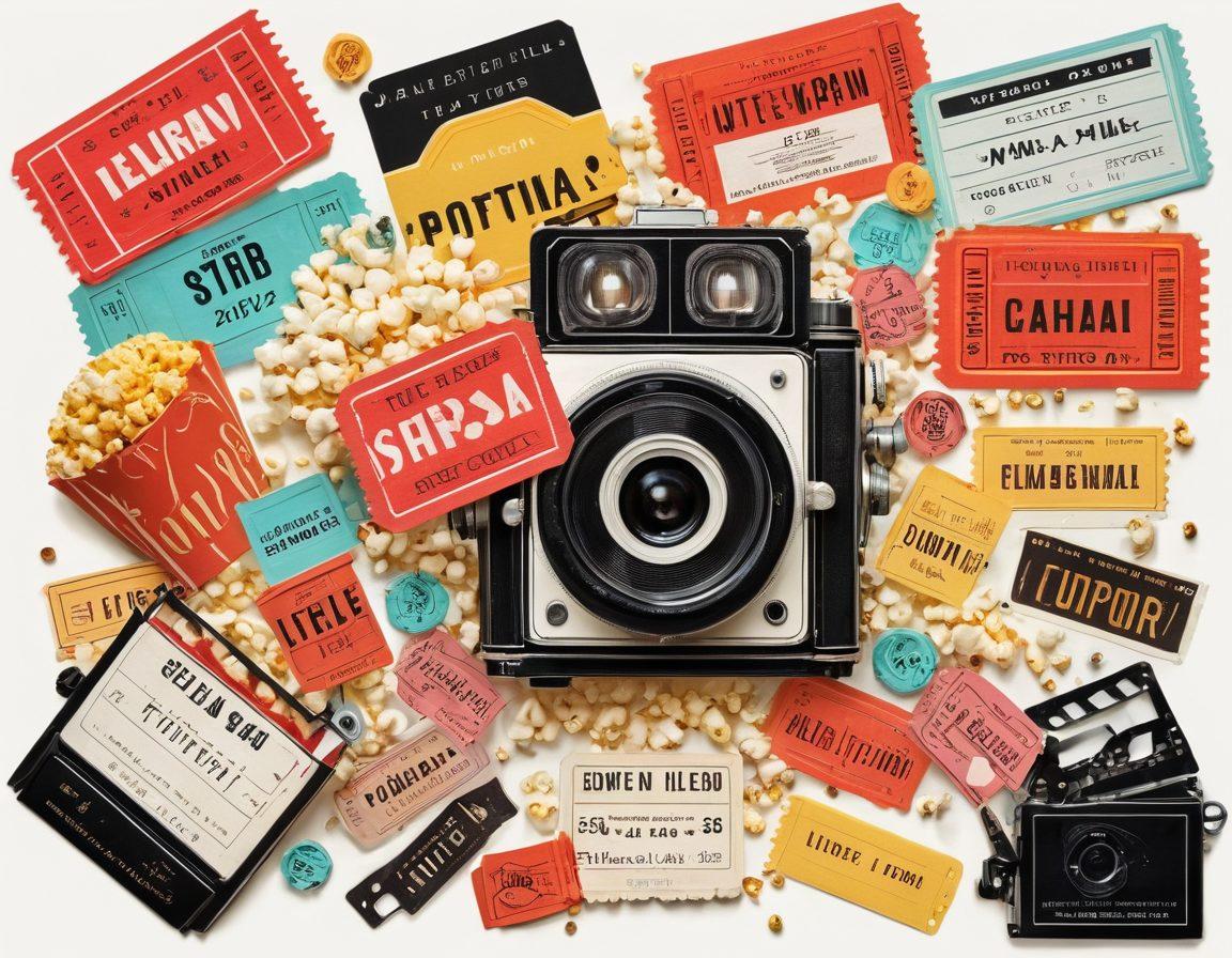A vibrant collage showcasing the evolution of film, featuring iconic blockbuster symbols like cinema tickets and popcorn alongside indie film elements such as a vintage camera and a film reel. The background should blend the glitz of Hollywood with the charm of independent filmmaking, incorporating diverse cultural motifs. Bright, eye-catching colors to evoke excitement and curiosity about free films available online. super-realistic. vibrant colors. white background.